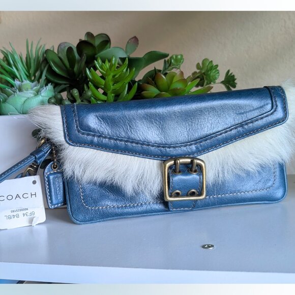 Vintage Coach Shearling Galler Wristlet, Blue Leather & Brass Hardware, NWT - Picture 1 of 11